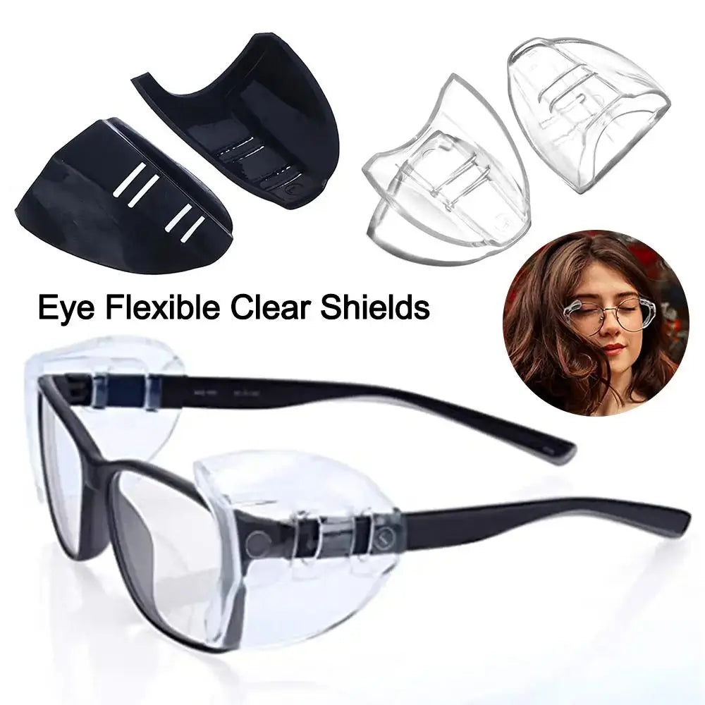 Eye flexible clear shields with black frames on a white background, featuring a close-up of a person wearing the shields.
